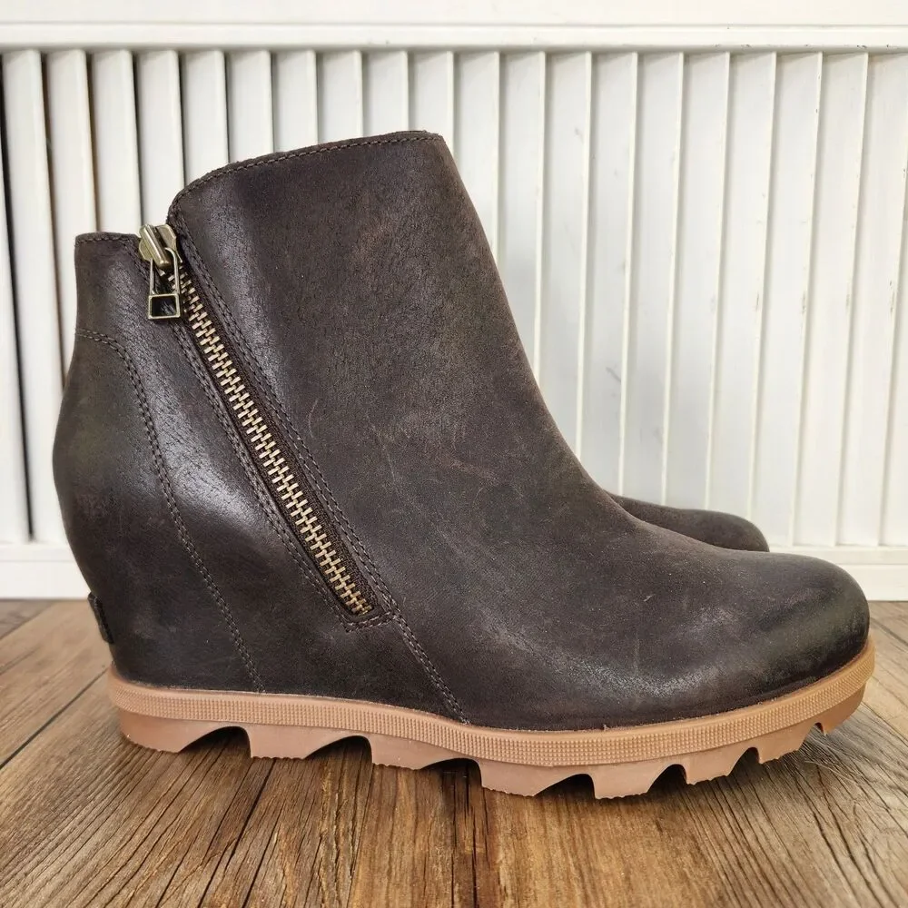Sorel Joan of Arctic Wedge II Zip Boots Womens Size 10 Brown Leather Hidden Heel